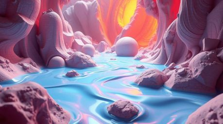 Immerse yourself in a breathtaking digital artwork featuring sculptural clay forms bathed in vibrant neon gradient textures f