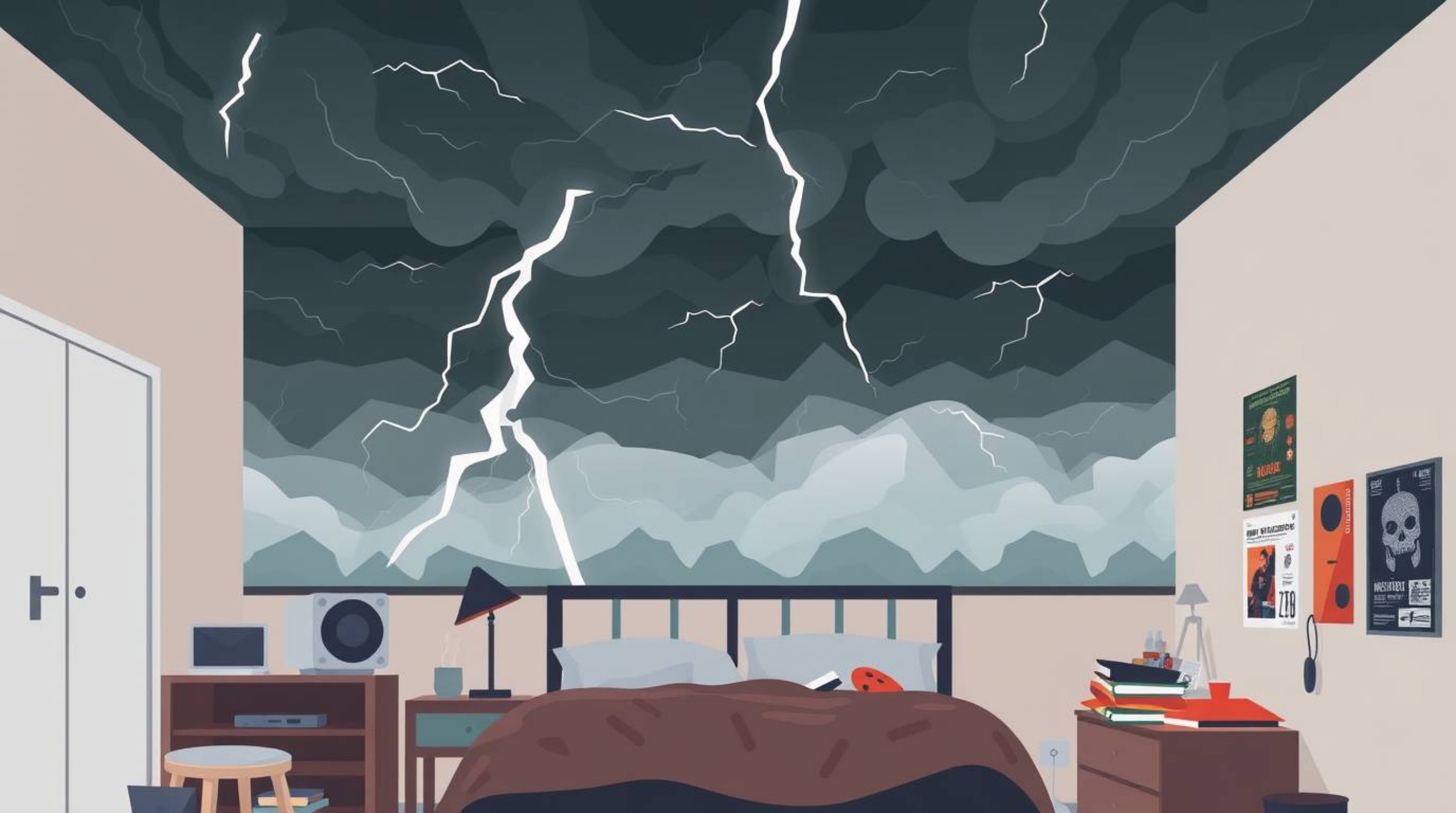 This image showcases a unique blend of intense dramatic weather and modern flat design.  Simple, two-dimensional shapes depic