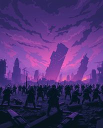 Immerse yourself in a modern flat design battlefield bathed in deep ultraviolet hues. This scene depicts time-warped soldiers