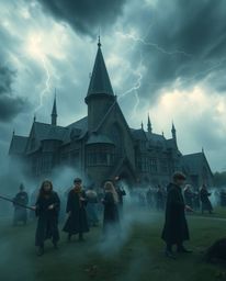 This photograph captures a magical school brimming with young wizards amidst intense and dramatic weather conditions. The ima