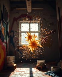 A stunning close-up shot captures a room exploding with vibrant paint, illuminated by strong, hard light that creates dramati