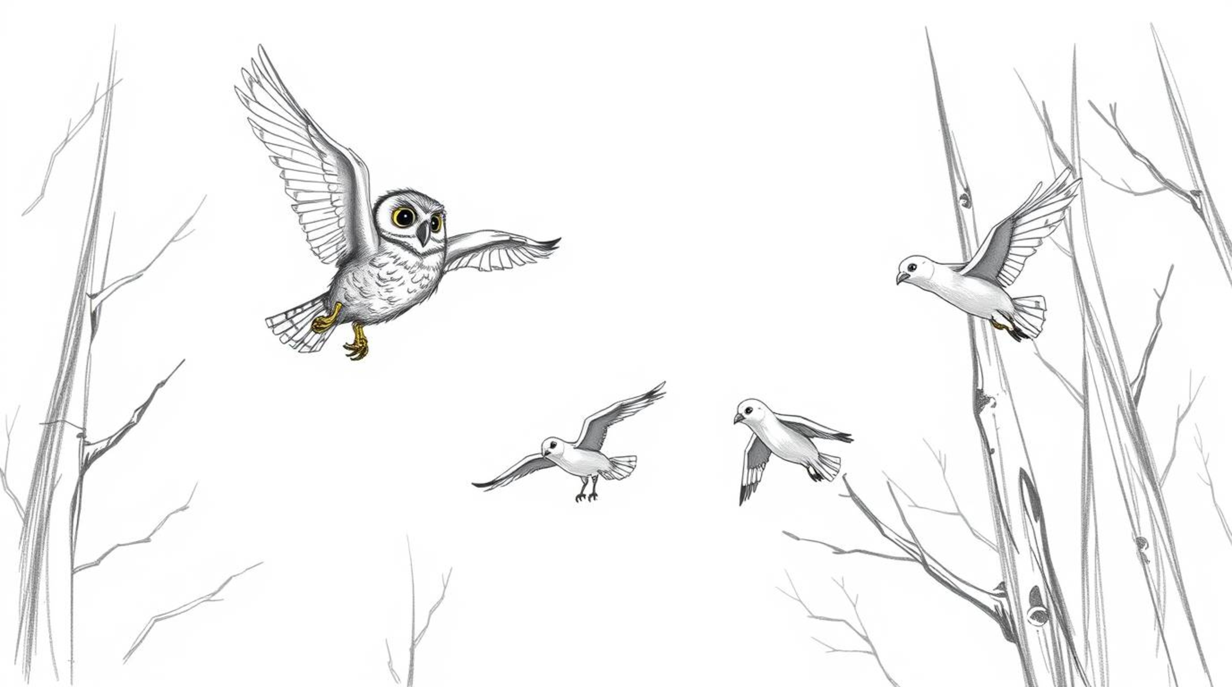 A captivating hand-drawn sketch in the style of Pixar, featuring a wise blind owl mentoring a flock of birds in flight.  The 