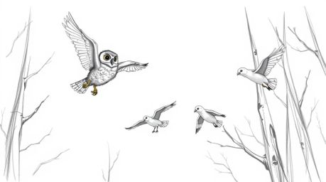 A captivating hand-drawn sketch in the style of Pixar, featuring a wise blind owl mentoring a flock of birds in flight.  The 