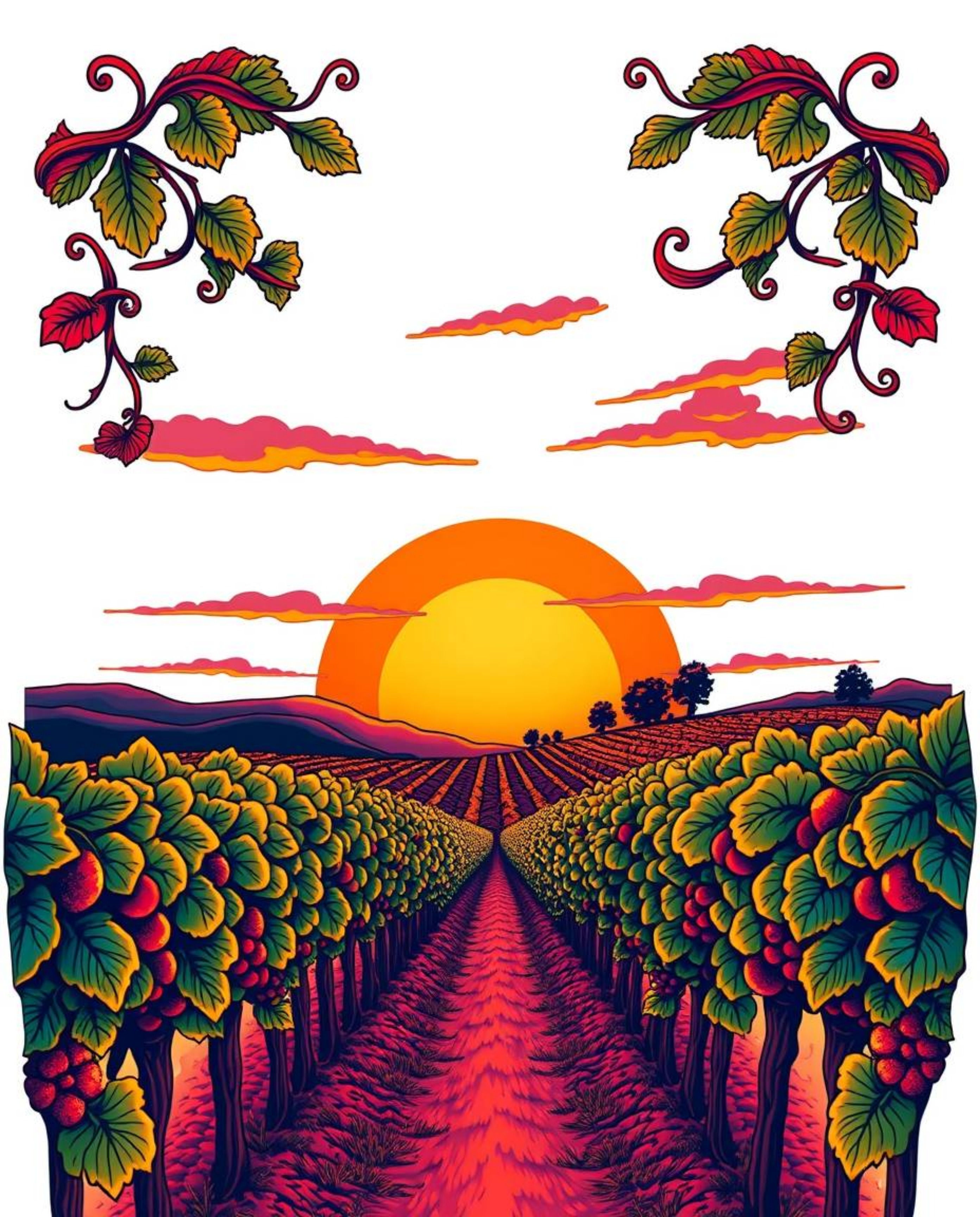 This traditional tattoo-style art print offers an extreme close-up of a sunset over a vineyard. Rendered in vibrant colors wi