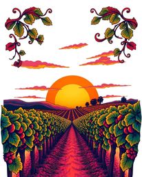 This traditional tattoo-style art print offers an extreme close-up of a sunset over a vineyard. Rendered in vibrant colors wi