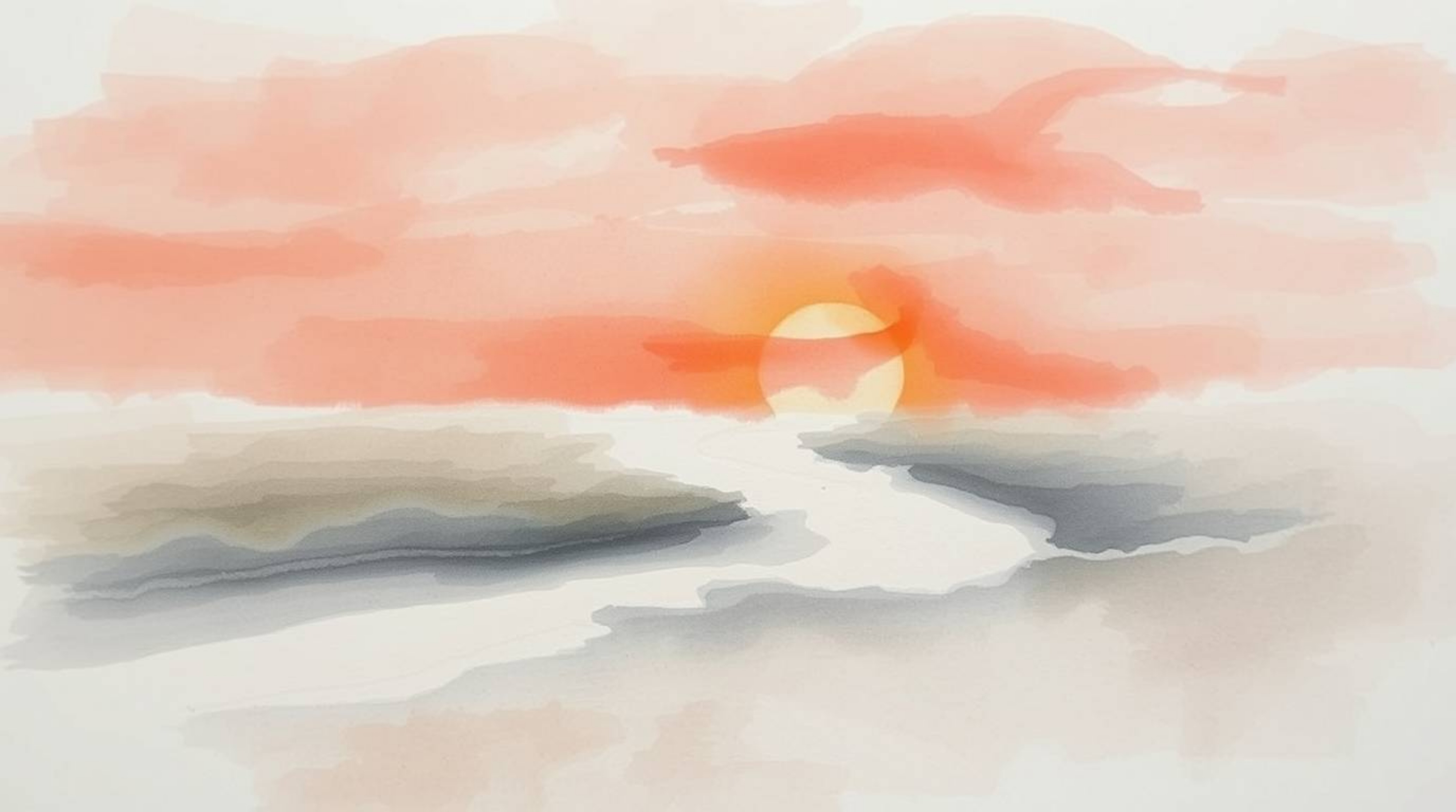A captivating watercolor painting showcases a winding river bathed in the warm glow of a dramatic orange-pink sunset.  The ar