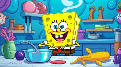 A captivating animation featuring a sponge character cooking up a storm in an electric, vividly colored underwater kitchen.  
