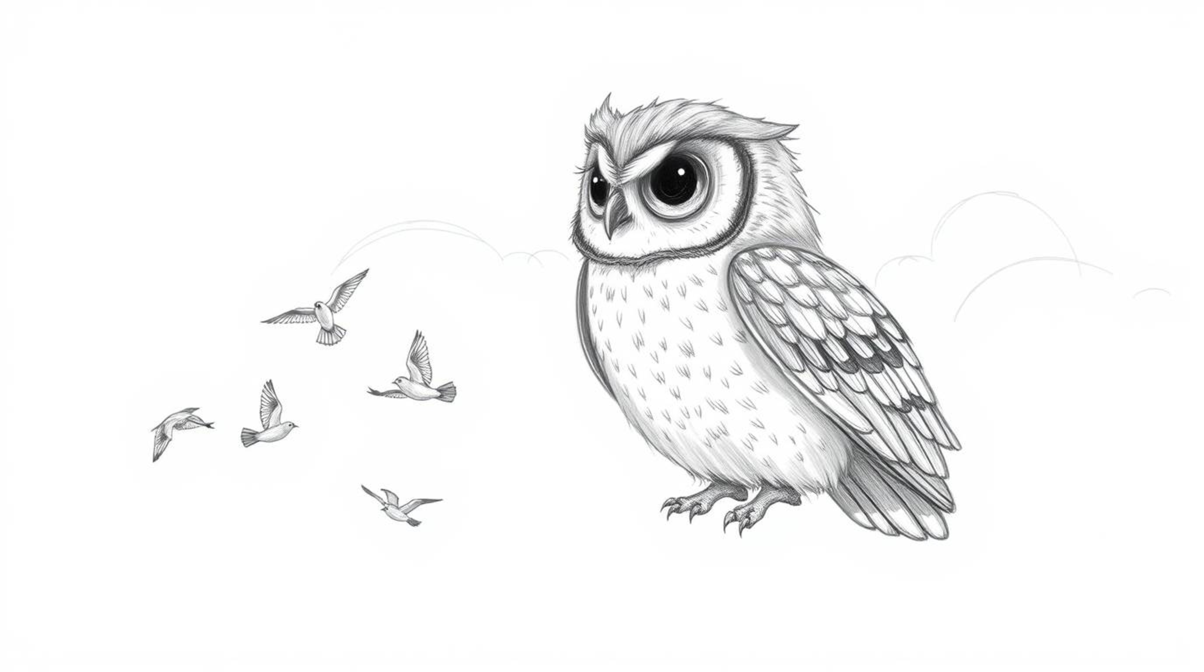 This Pixar-inspired, hand-drawn pencil sketch captures a heartwarming scene. It features a blind owl, its feathers rendered w