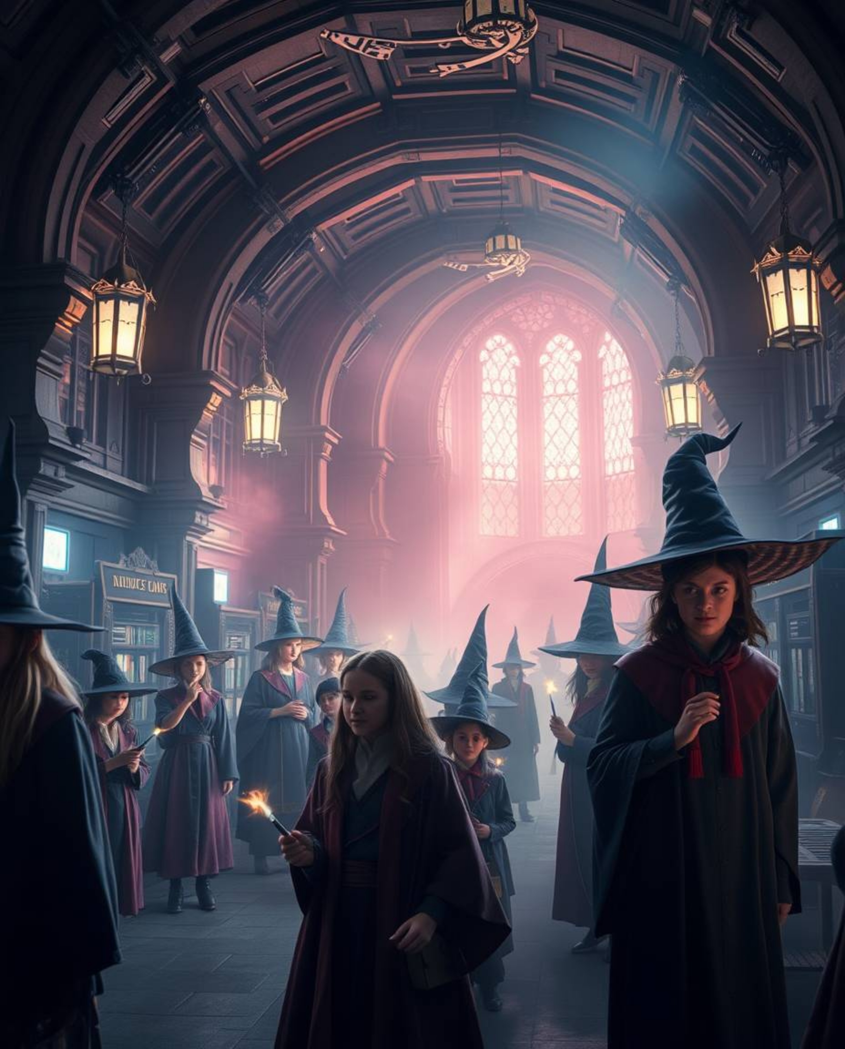 Explore a magical school teeming with young wizards, rendered in a futuristic sci-fi style with a soft, dreamy atmosphere. Ha