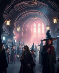 Explore a magical school teeming with young wizards, rendered in a futuristic sci-fi style with a soft, dreamy atmosphere. Ha