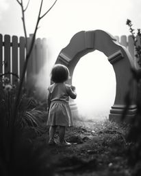 A timeless and elegant scene unfolds in this classic black and white cinematic image. The soft focus and hazy background enha