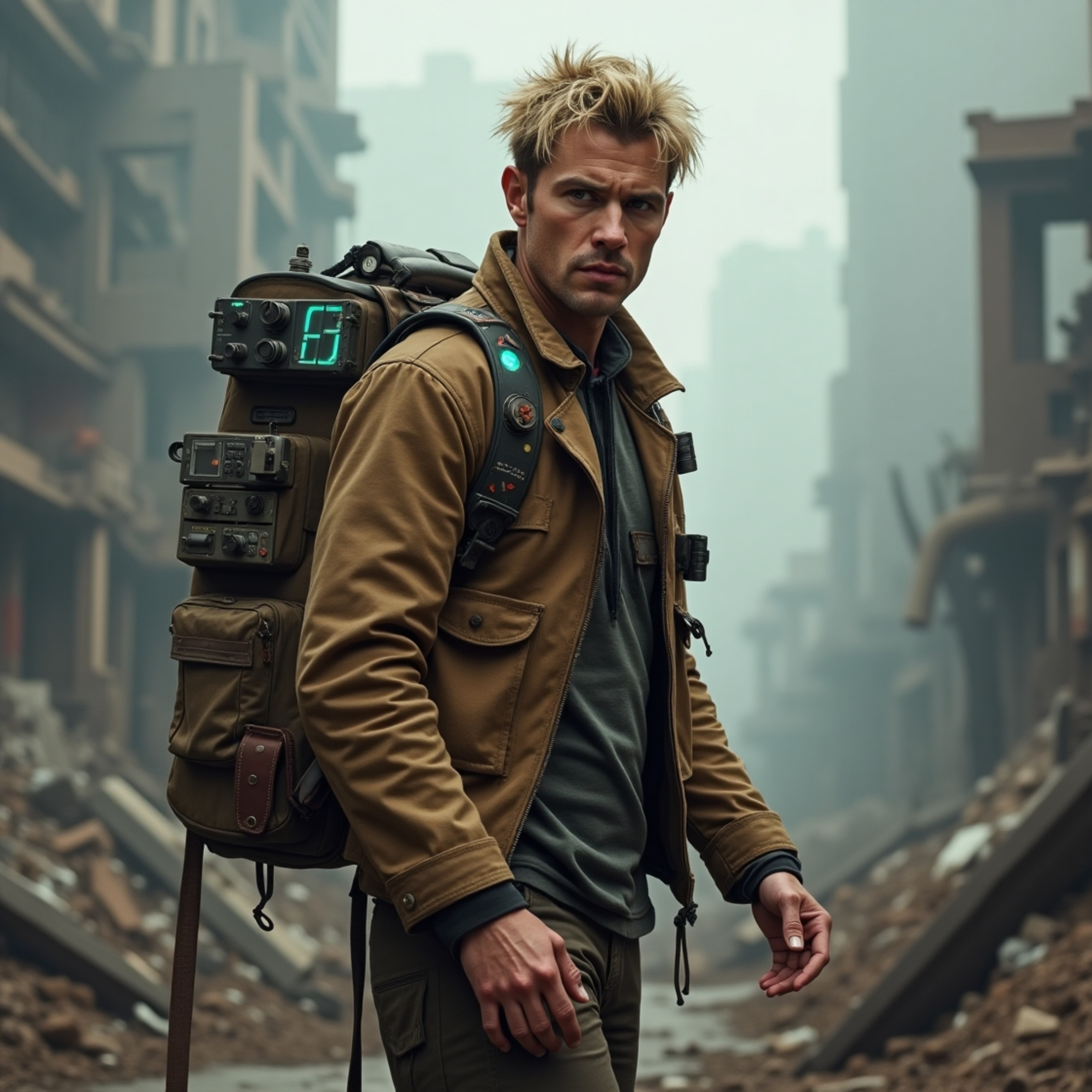 A time-traveling explorer navigates a desolate, post-apocalyptic urban landscape. Clad in a worn leather jacket and equipped 