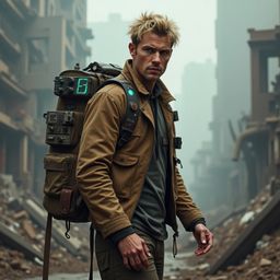 A time-traveling explorer navigates a desolate, post-apocalyptic urban landscape. Clad in a worn leather jacket and equipped 