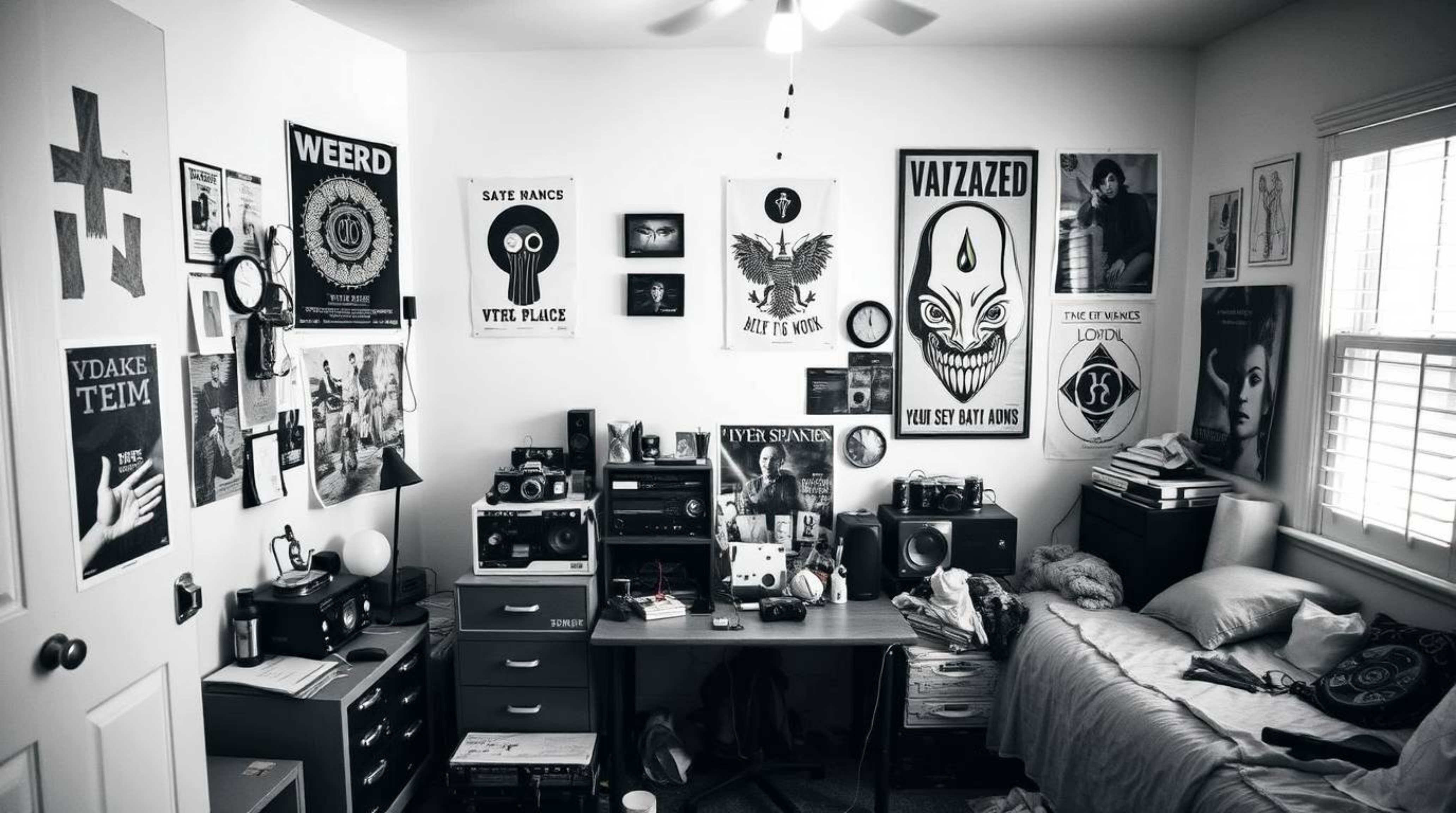 A captivating image of a messy yet elegant bedroom, decorated with unusual gadgets and black and white posters. The room exud
