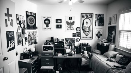 A captivating image of a messy yet elegant bedroom, decorated with unusual gadgets and black and white posters. The room exud