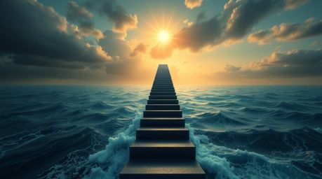 A high-angle perspective logo featuring a dramatic staircase of geometric shapes ascending from a stormy ocean towards a sunb