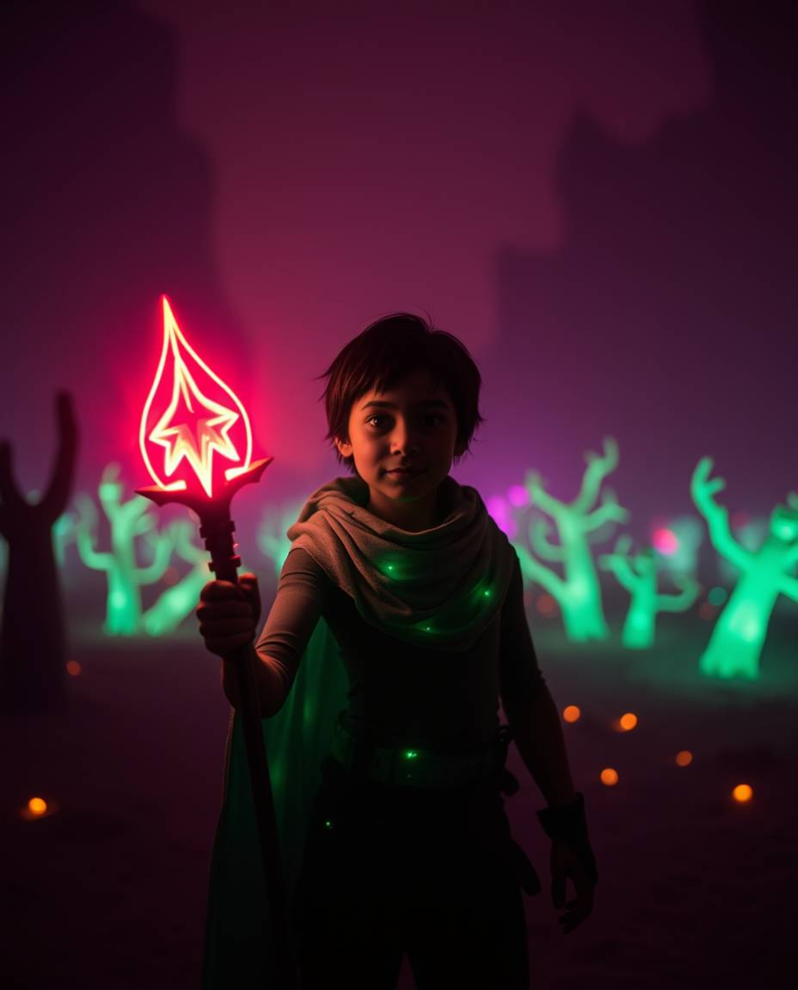 A brave Disney-style hero embarks on an eerie desert adventure filled with vibrant, glowing bioluminescent colors and unsettl