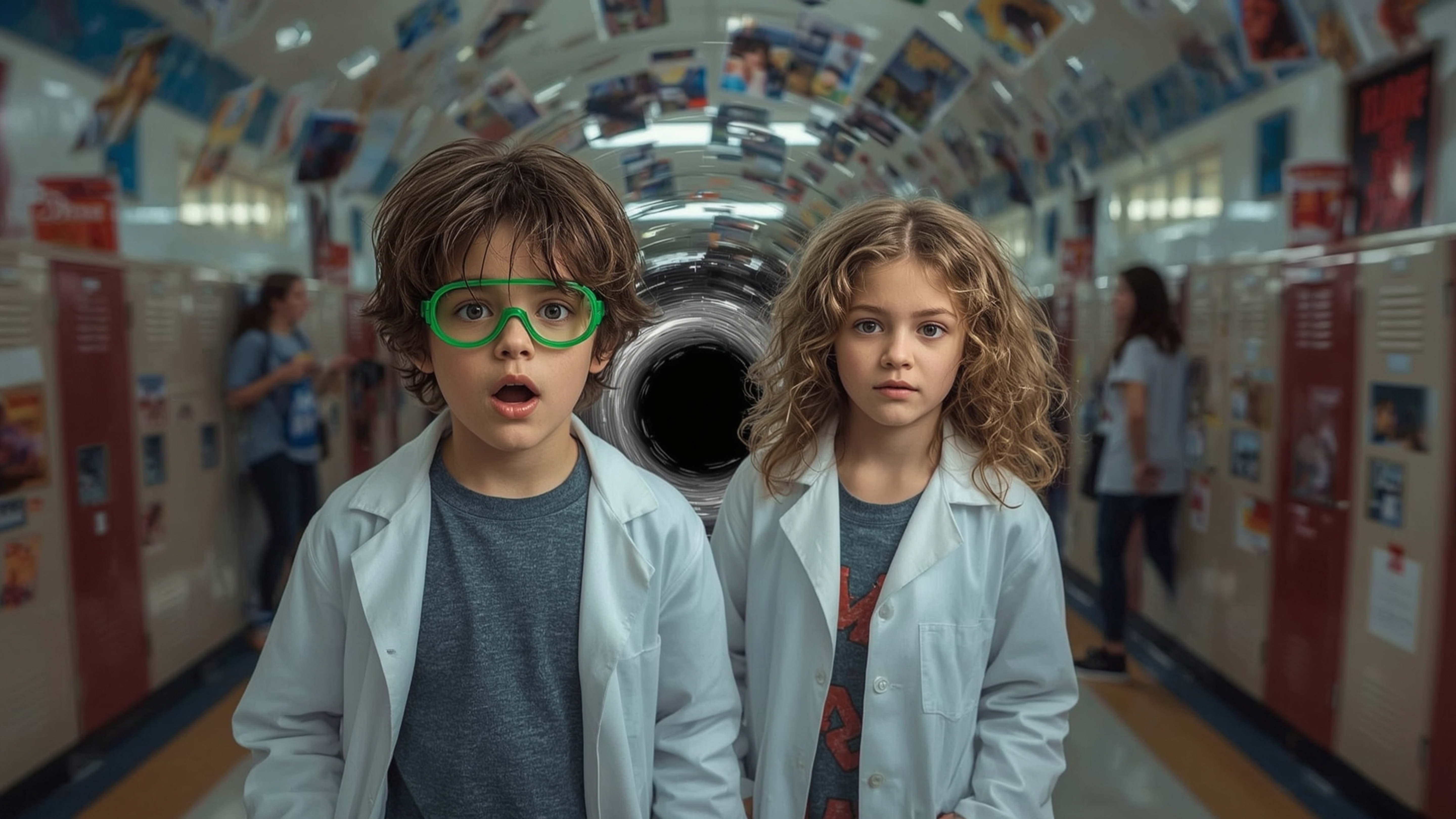 A cinematically composed, high-contrast photograph captures two enthusiastic science fair students—a boy in green goggles and