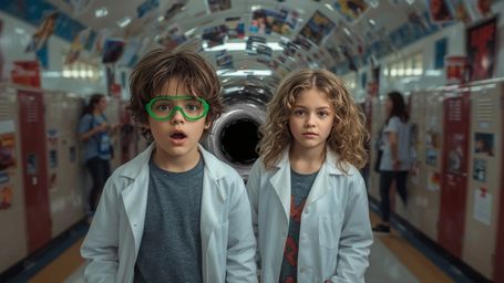 A cinematically composed, high-contrast photograph captures two enthusiastic science fair students—a boy in green goggles and