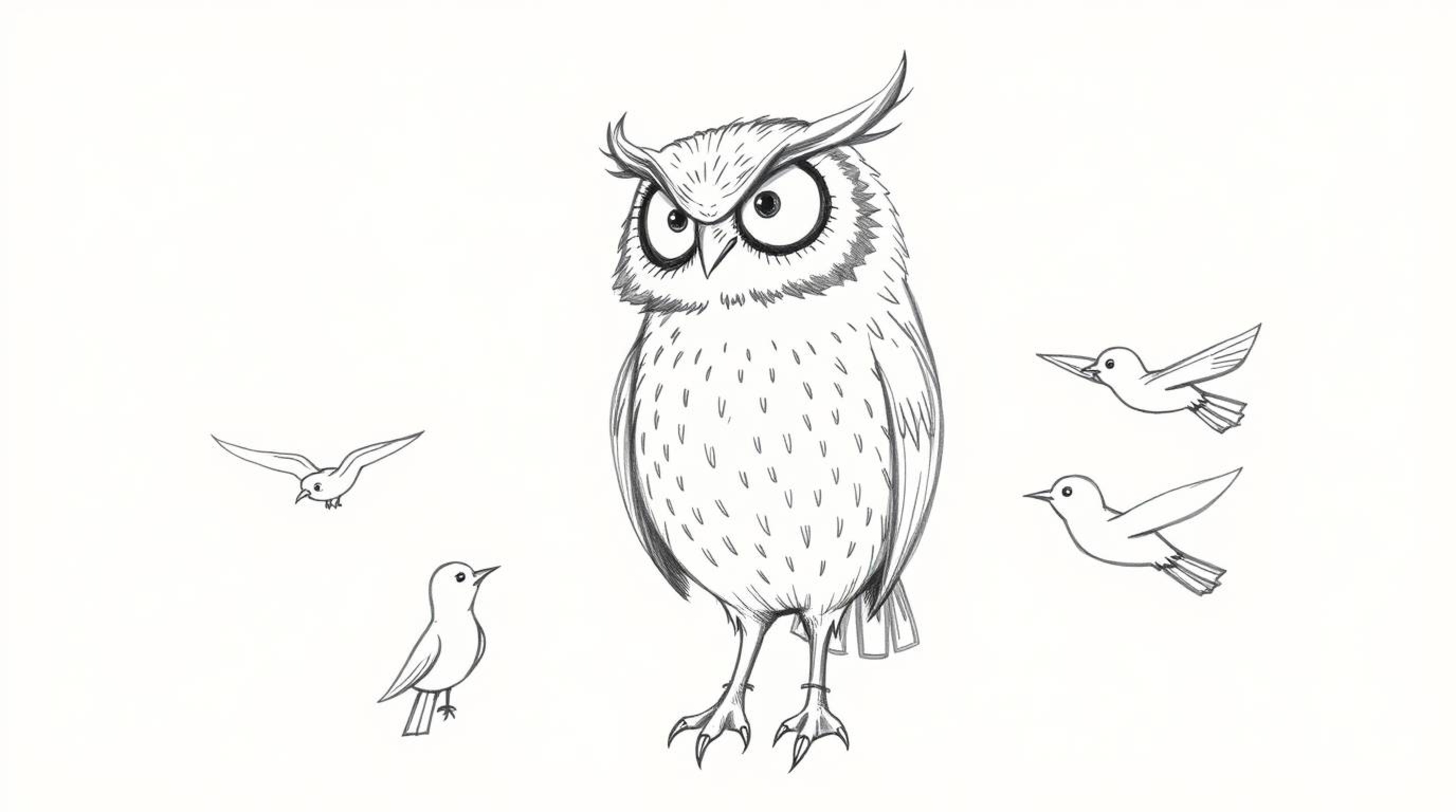A heartwarming hand-drawn sketch in the style of Pixar depicts a blind owl, rendered with textured pencil strokes, patiently 