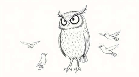 A heartwarming hand-drawn sketch in the style of Pixar depicts a blind owl, rendered with textured pencil strokes, patiently 