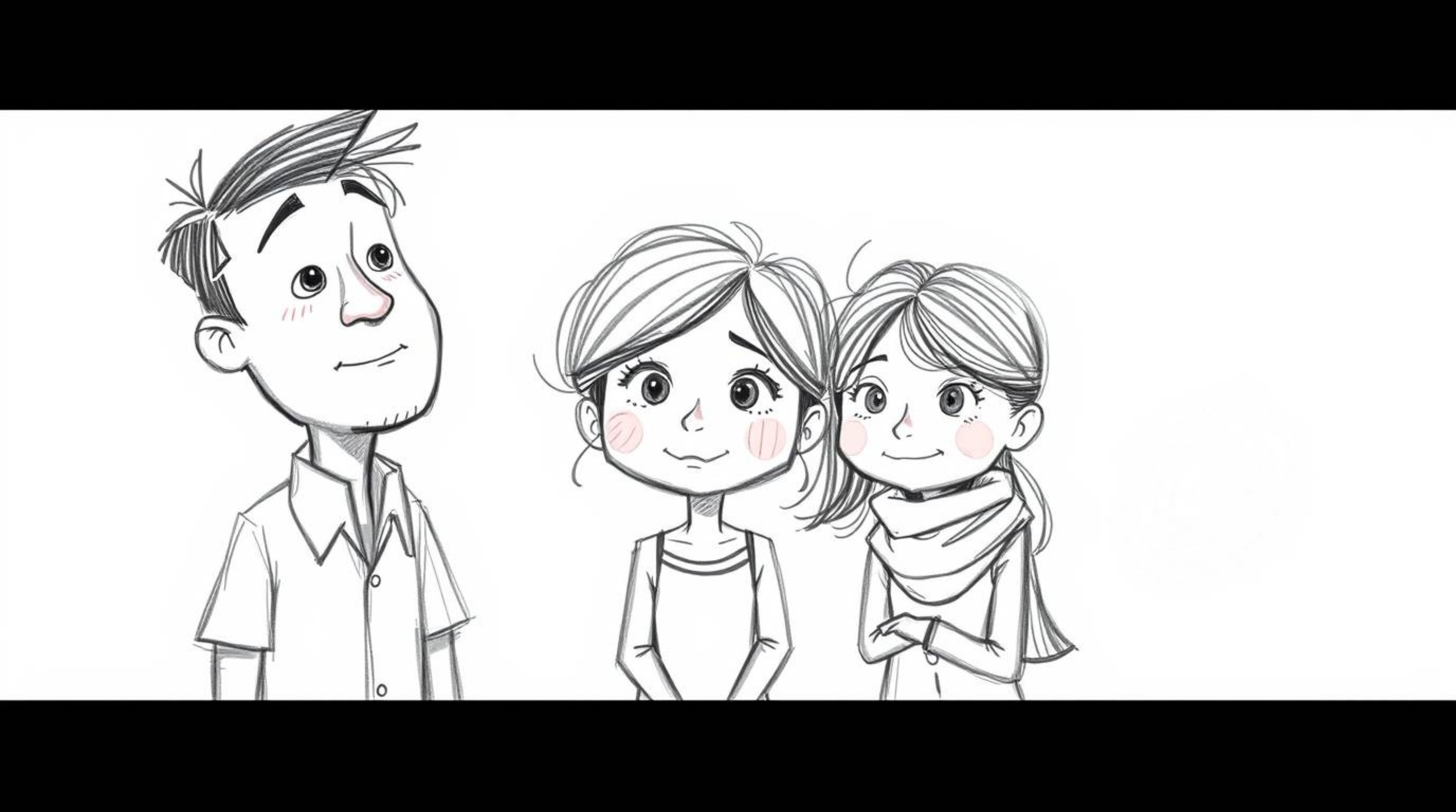 Experience a heartwarming family reunion depicted in a charming, hand-drawn sketch reminiscent of Pixar animation. This high-