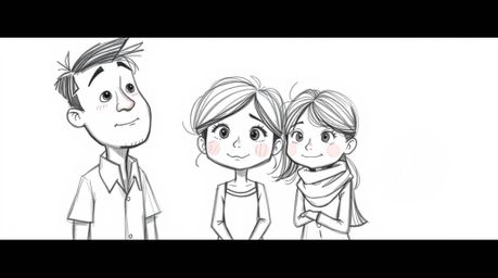 Experience a heartwarming family reunion depicted in a charming, hand-drawn sketch reminiscent of Pixar animation. This high-