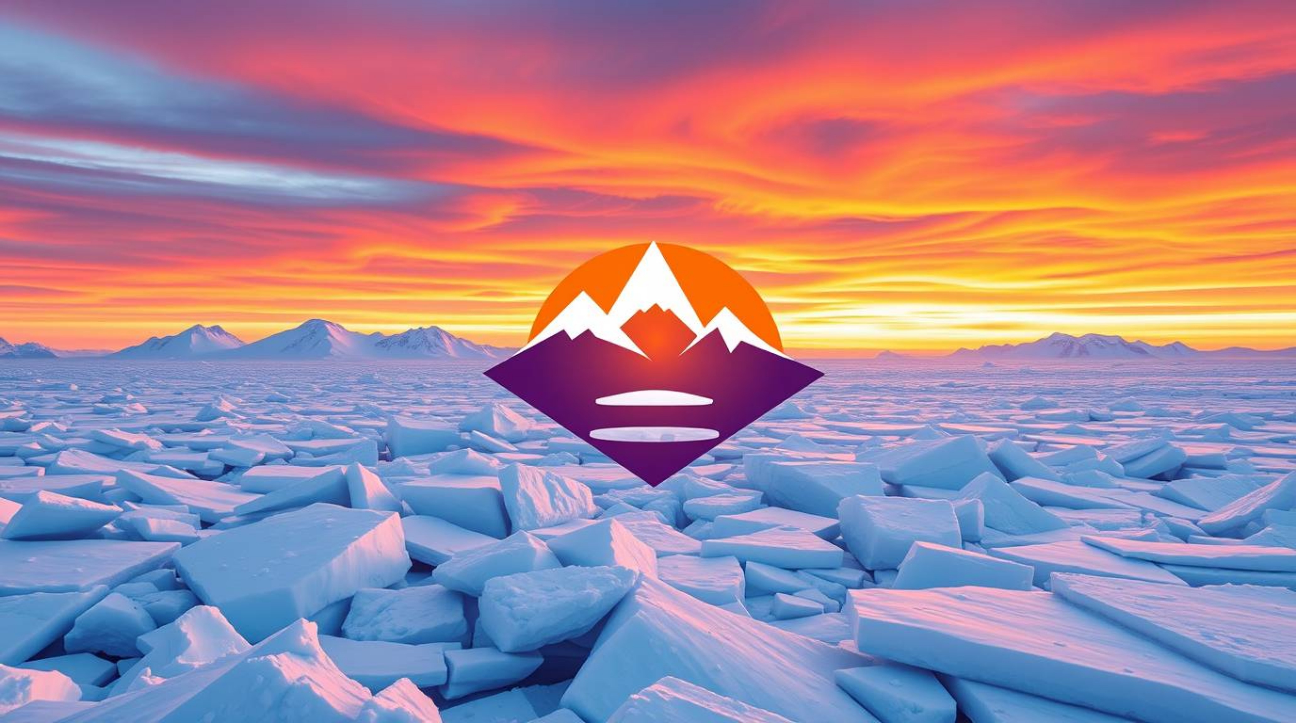 A captivating geometric logo design featuring vibrant sunset colors contrasting against icy polar glaciers. The design emphas