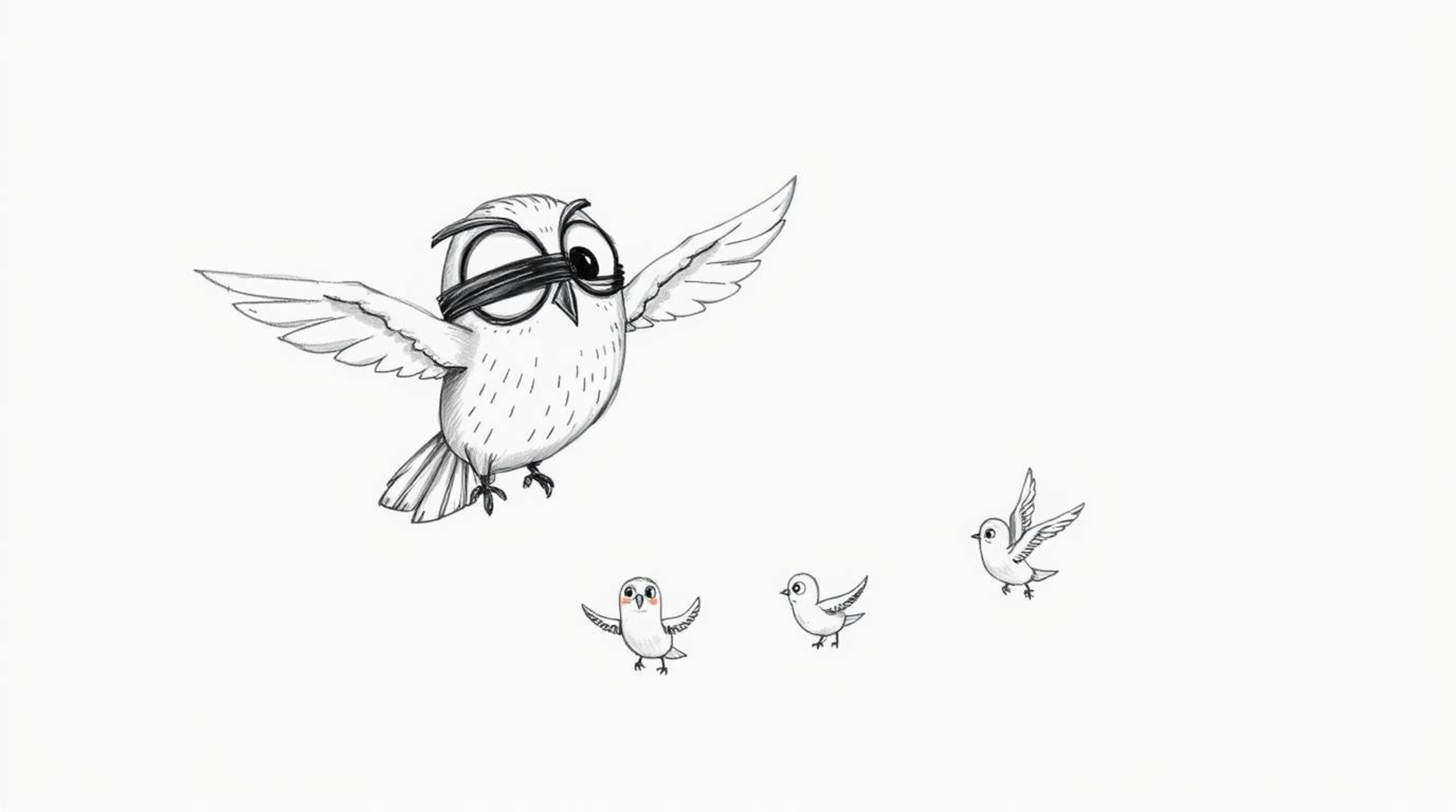 A heartwarming hand-drawn sketch in the style of Pixar depicts a blind owl with expressive eyes patiently teaching several sm