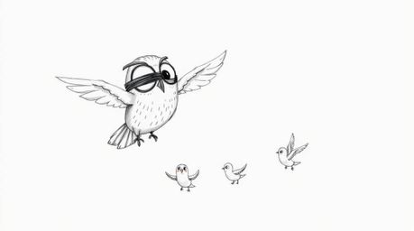 A heartwarming hand-drawn sketch in the style of Pixar depicts a blind owl with expressive eyes patiently teaching several sm