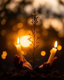 A captivating image showcasing hands planting a tree under a breathtaking golden sky.  The warm candlelight illuminates the s