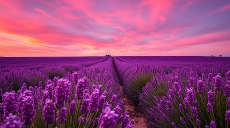 Experience the breathtaking beauty of lavender fields bathed in a dreamy pink sky. This vibrant scene is dramatically lit wit