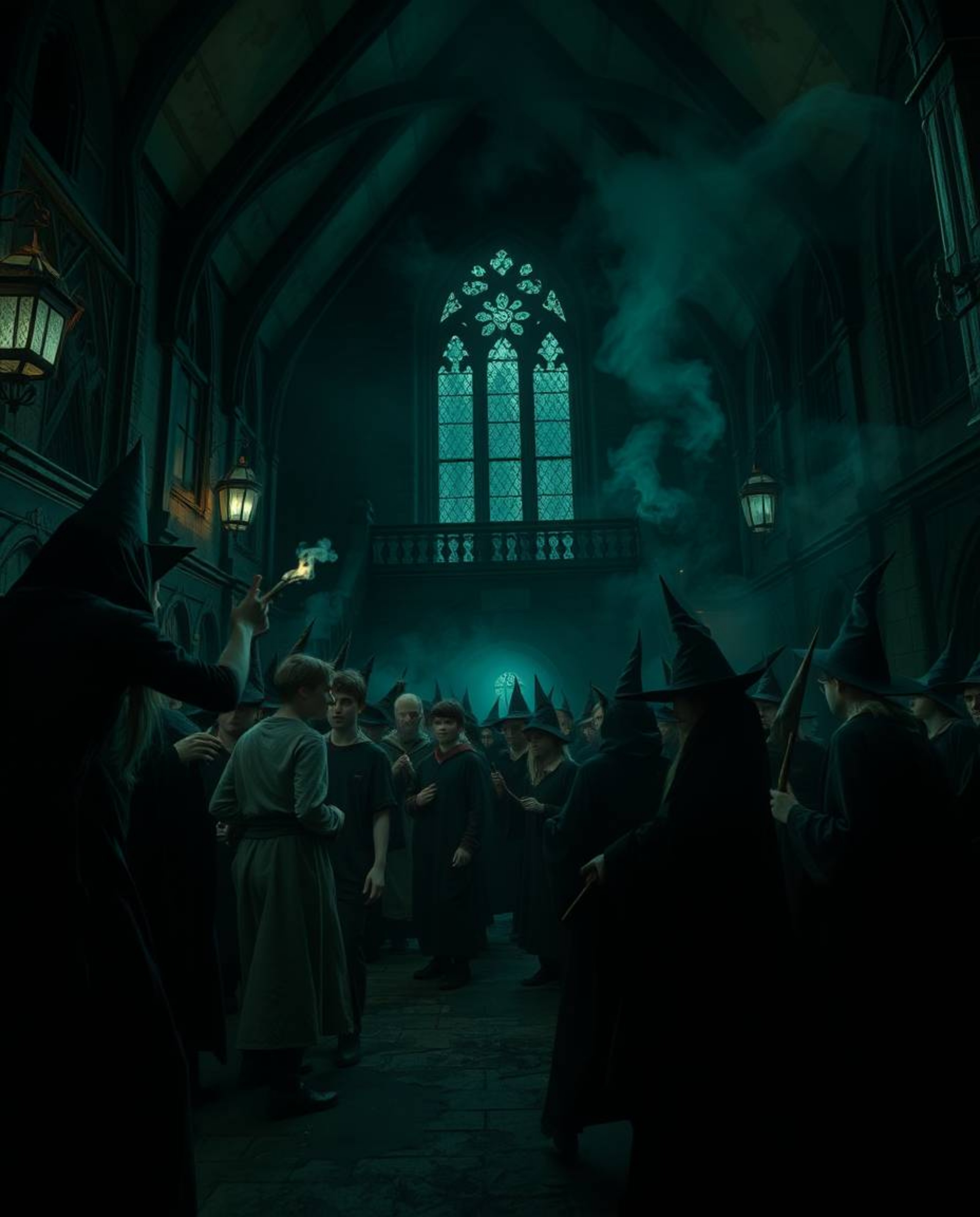A dark and eerie illustration depicts a magical school brimming with young wizards.  The unsettling details and dark color pa