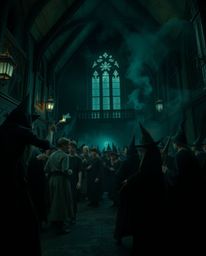 A dark and eerie illustration depicts a magical school brimming with young wizards.  The unsettling details and dark color pa