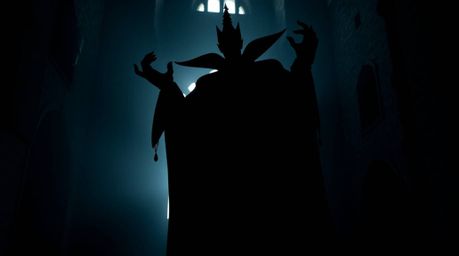 A captivating silhouette photograph depicts a classic Disney villain casting a spell within an ancient castle. The image is m