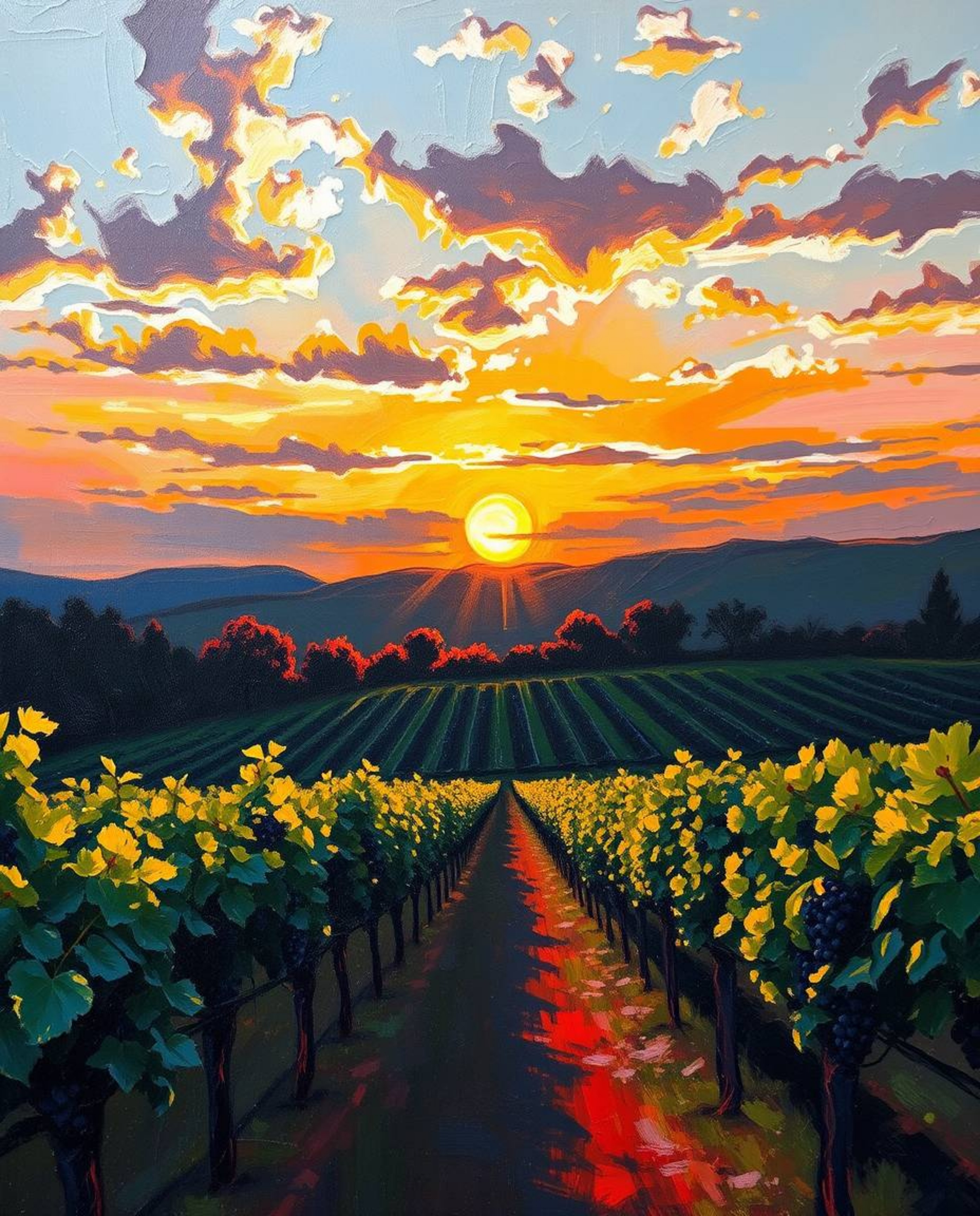 A classic oil painting captures a stunning sunset over a vineyard, with rows of grapevines stretching into the distance. The 