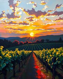 A classic oil painting captures a stunning sunset over a vineyard, with rows of grapevines stretching into the distance. The 