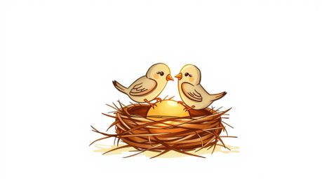 A charming hand-drawn sketch depicting two cartoon birds meticulously constructing a nest.  Rendered in a classic animation s