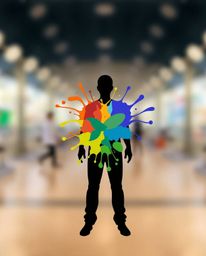 This captivating artwork blends modern flat design with vibrant, colorful splash patterns to create a striking human silhouet