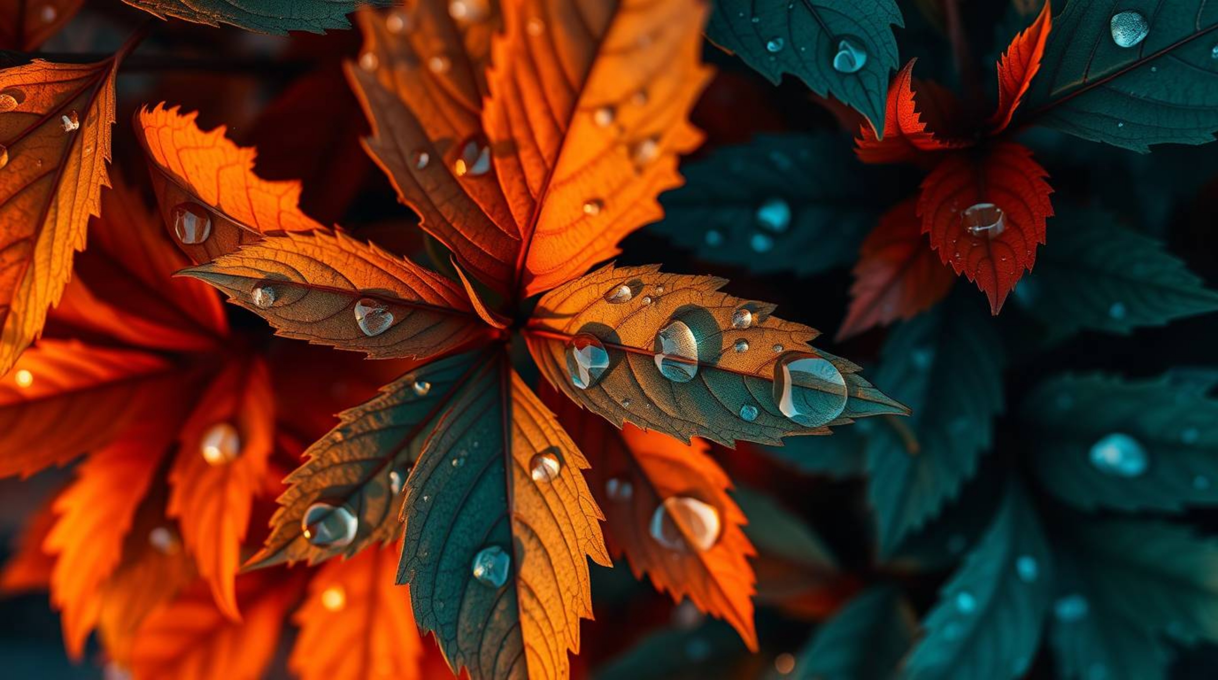 An overhead shot capturing the warm terracotta and cool teal hues of a sunset reflected in raindrops on leaves, presenting an