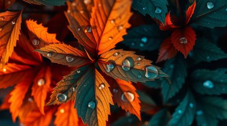 An overhead shot capturing the warm terracotta and cool teal hues of a sunset reflected in raindrops on leaves, presenting an