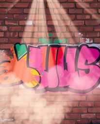 Capture the lively energy of street art with this stunning photograph.  Vibrant, graffiti-style splashes of color explode acr