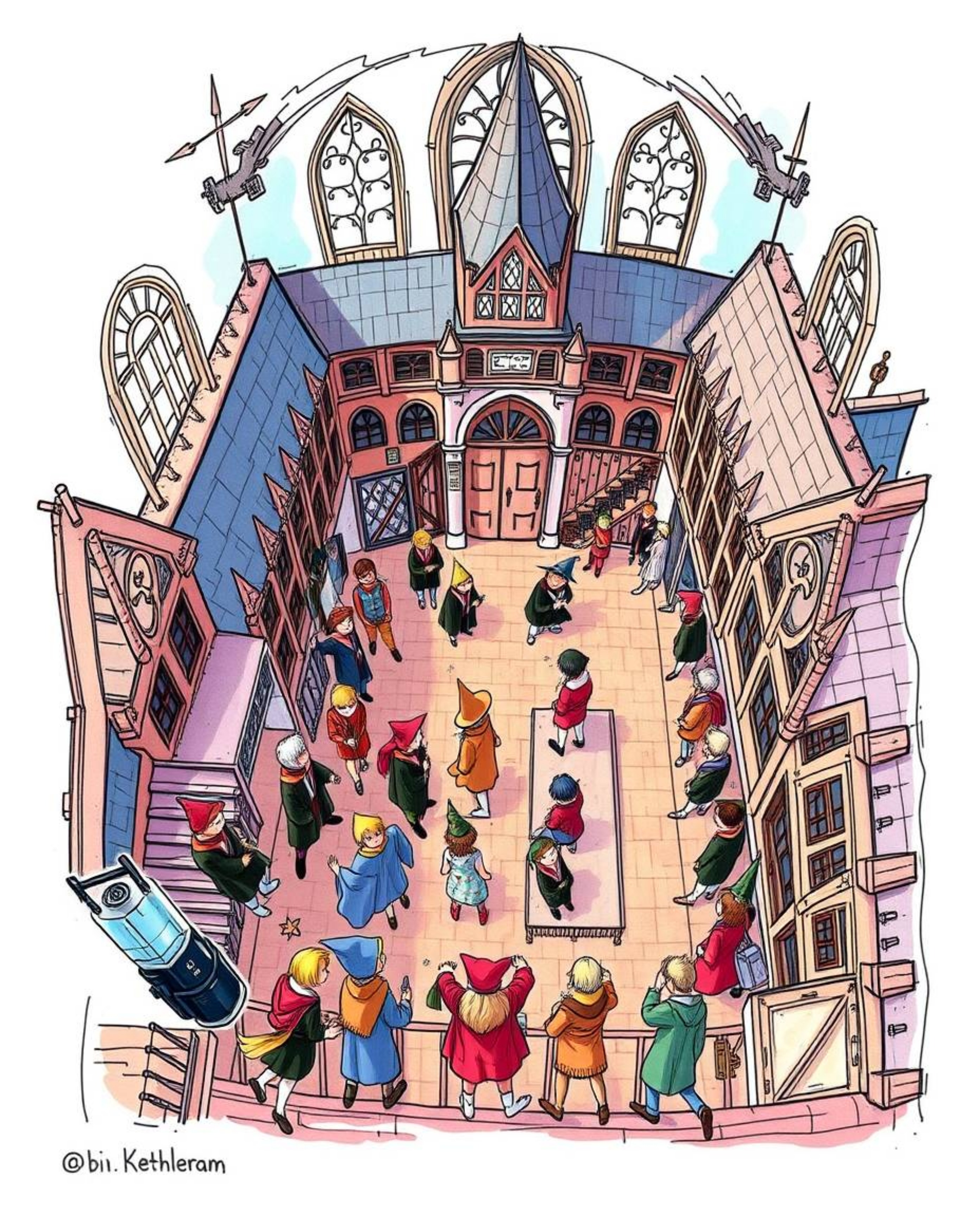 Explore a whimsical world with this colorful, hand-drawn sketch depicting a magical school teeming with young wizards. Captur