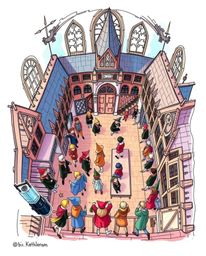 Explore a whimsical world with this colorful, hand-drawn sketch depicting a magical school teeming with young wizards. Captur