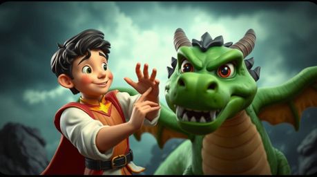 A charming prince with rosy cheeks and dark hair battles a vibrant green dragon in a striking 1950s animation style, rendered
