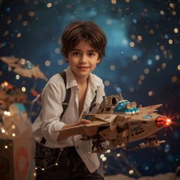A captivating high-fashion photograph depicts a young boy with a curious smile, building a magnificent, intricately detailed 