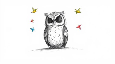 A heartwarming Pixar-style hand-drawn sketch depicts a blind owl, its feathers meticulously rendered, sitting peacefully as s