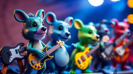 Explore the vibrant and detailed world of an extreme macro close-up long exposure photograph featuring a band of cartoon anim