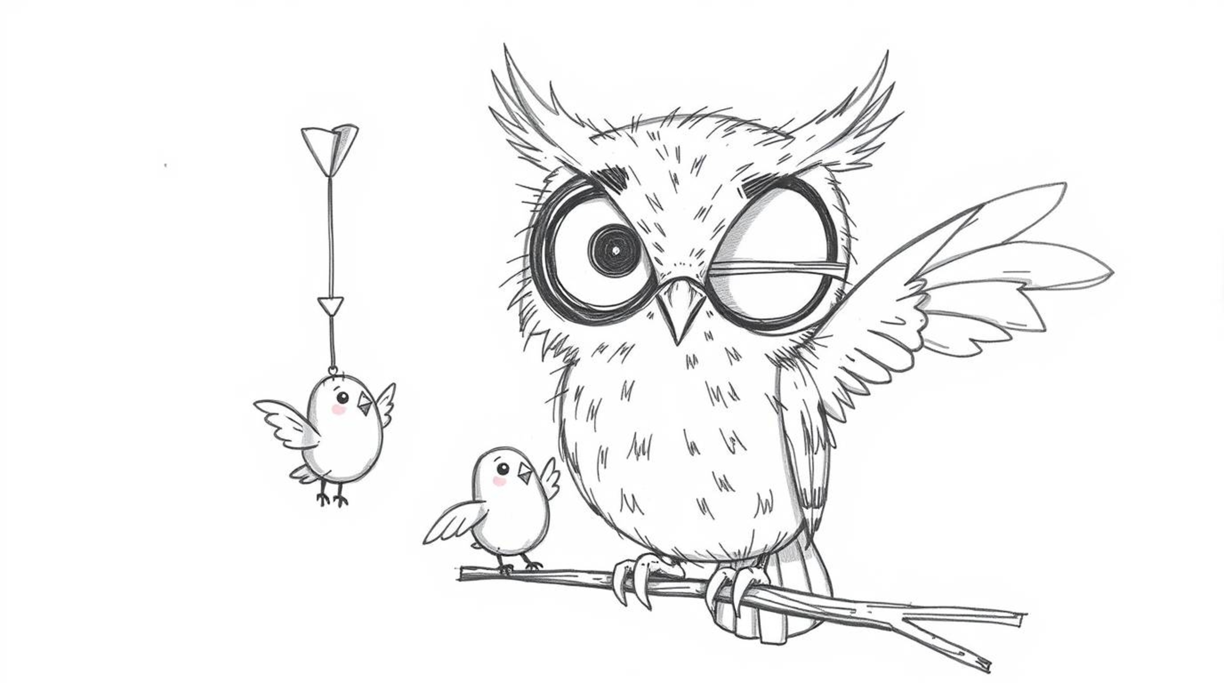 A heartwarming hand-drawn sketch in the style of Pixar animation depicts a blind owl with oversized, expressive eyes guiding 