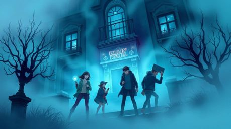 Immerse yourself in a dreamy illustration featuring a group of teens bravely solving mysteries within a haunted mansion engul